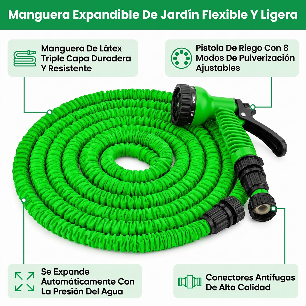 Manguera Mágica Expandible 22.5 m (75 ft) con Pistola de 7 Modos de Riego
