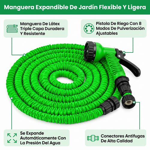 Manguera Mágica Expandible 22.5 m (75 ft) con Pistola de 7 Modos de Riego